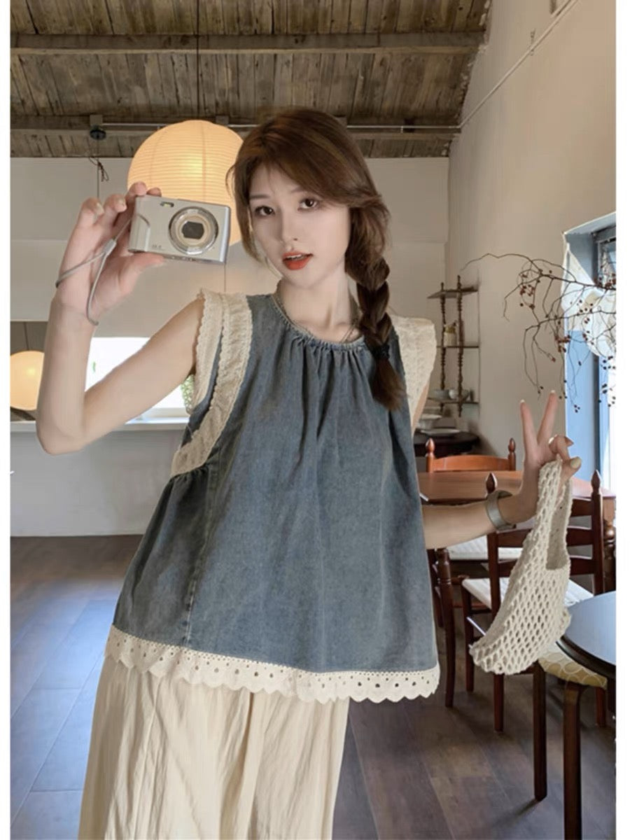 Lace Spliced Denim Sleeveless Crew Neck Top(2 colors option)