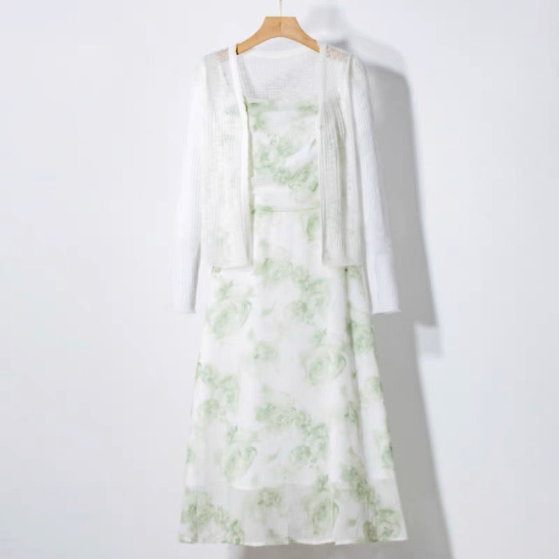 Suspender Floral Knit Jacket Two Piece Set