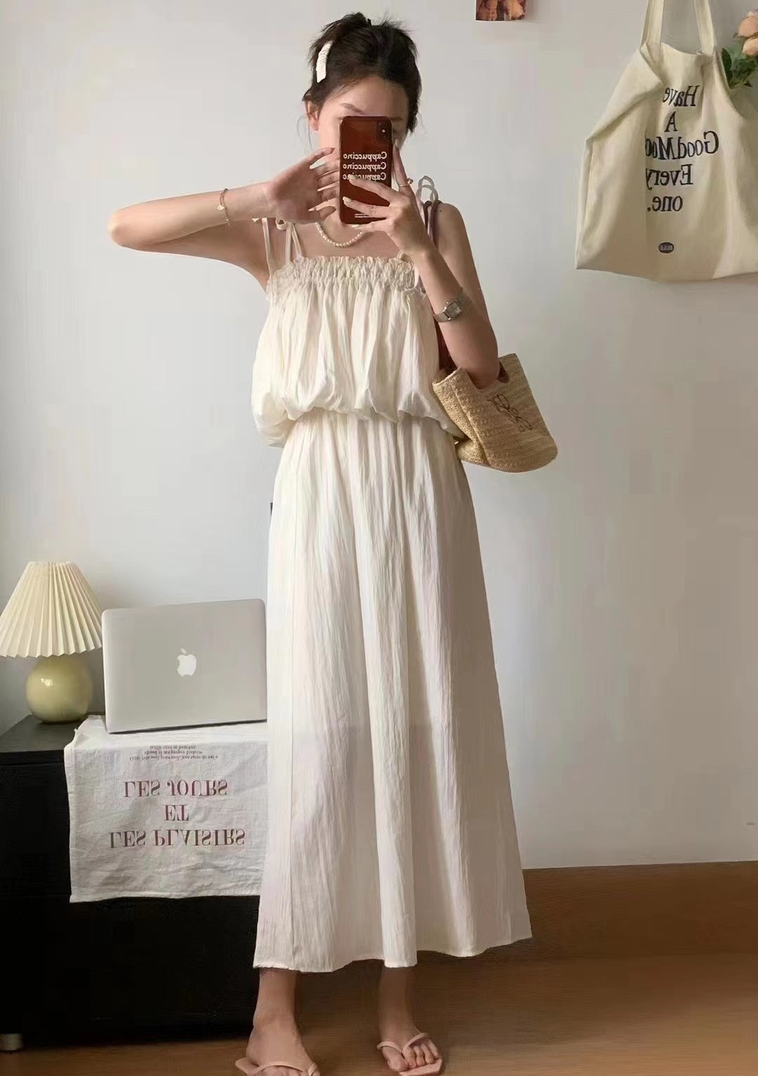 Pure White Suspender Long Dress Two Piece Set