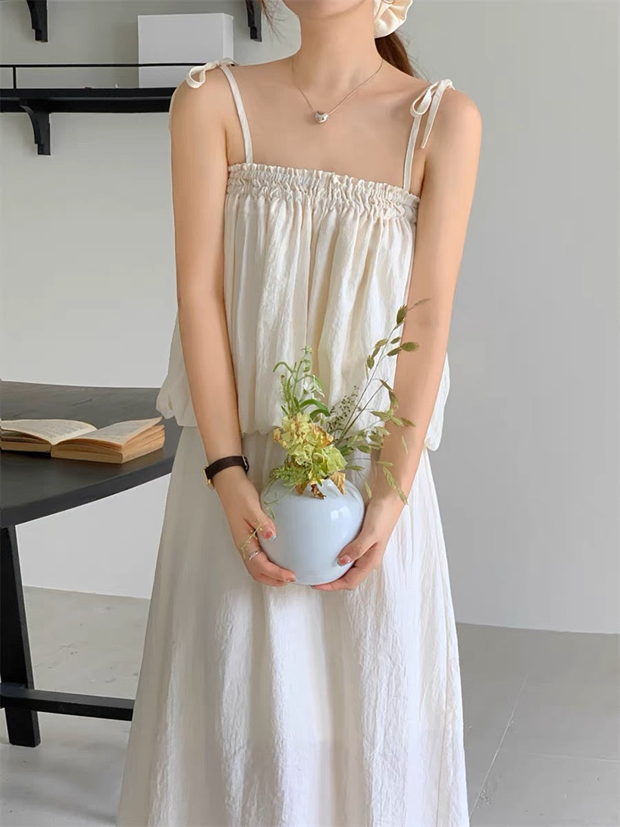 Pure White Suspender Long Dress Two Piece Set