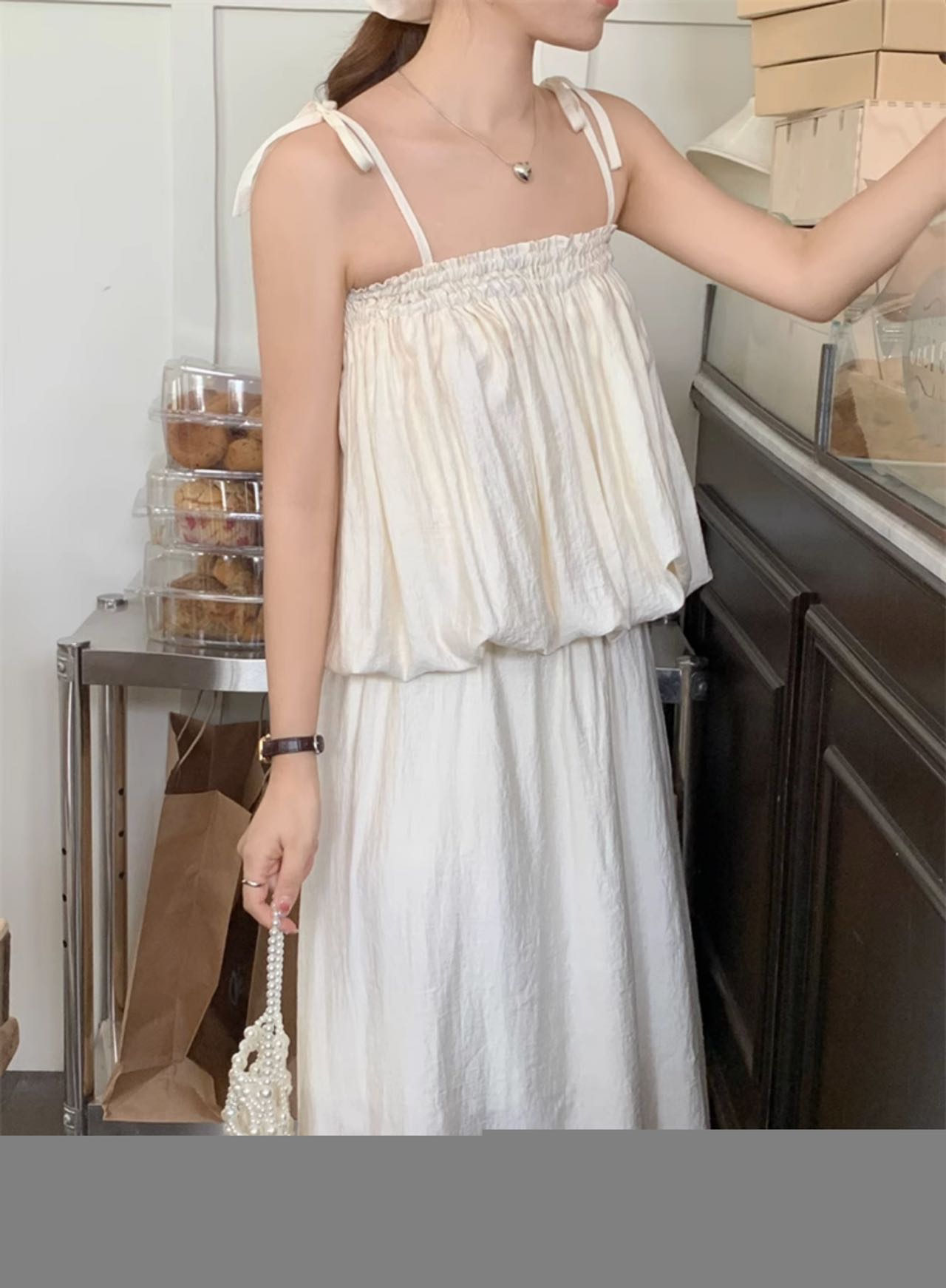 Pure White Suspender Long Dress Two Piece Set