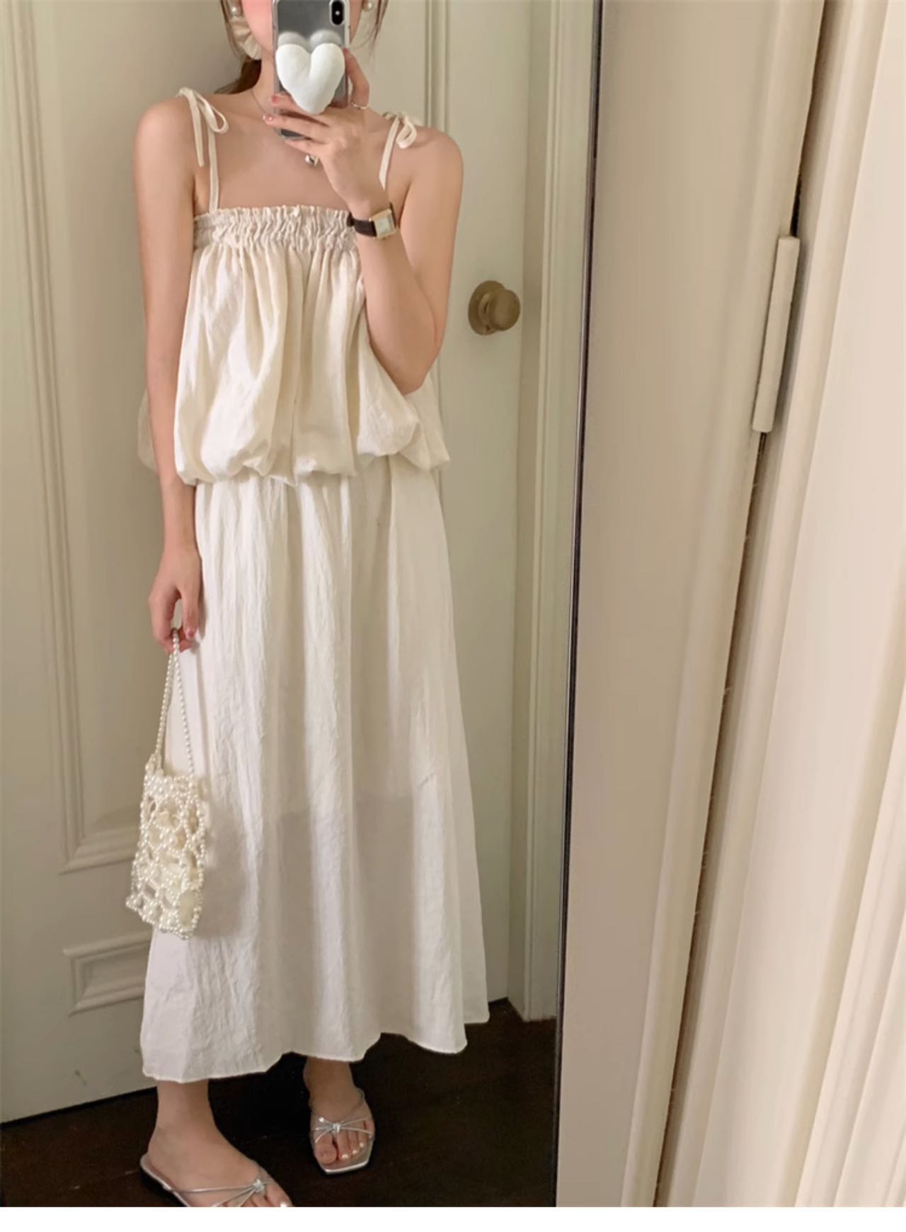 Pure White Suspender Long Dress Two Piece Set
