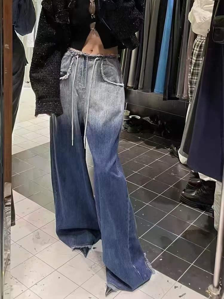 Blue And White Gradient Wide Leg Lace Up Personalized Denim Trousers