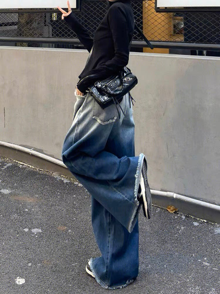 Blue And White Gradient Wide Leg Lace Up Personalized Denim Trousers