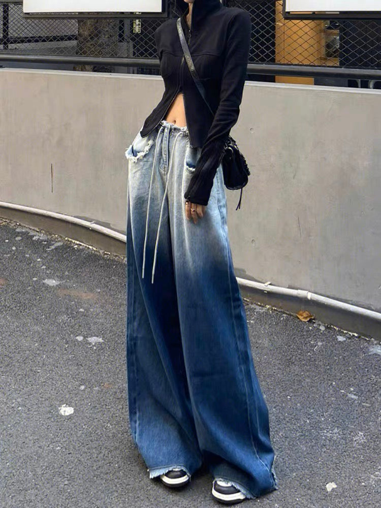 Blue And White Gradient Wide Leg Lace Up Personalized Denim Trousers