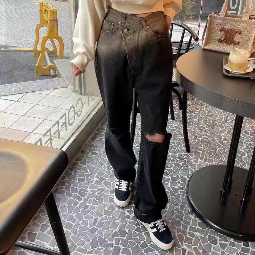 Black And White Denim Ripped Straight Leg Jeans