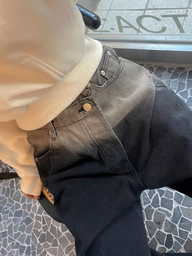 Black And White Denim Ripped Straight Leg Jeans