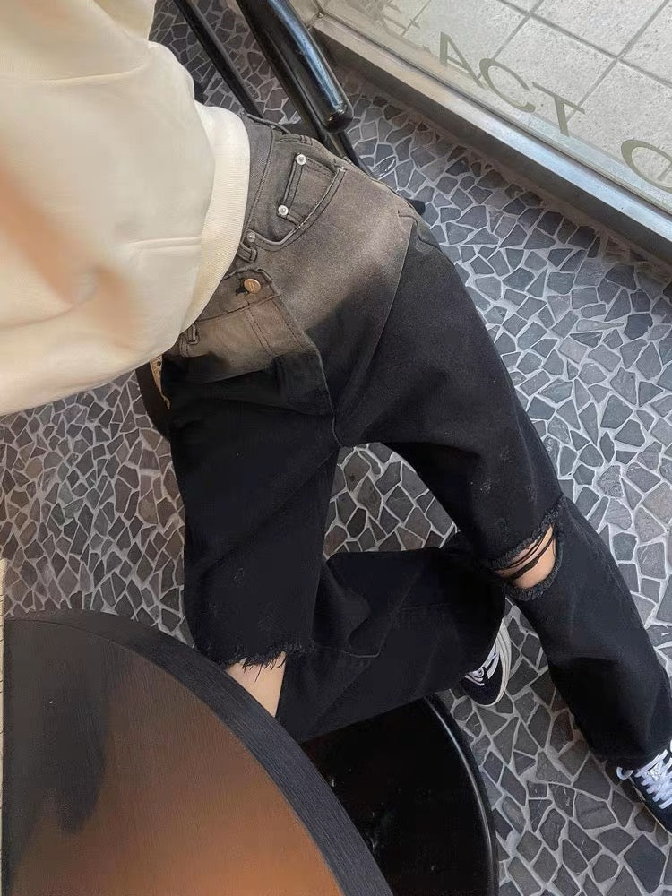 Black And White Denim Ripped Straight Leg Jeans