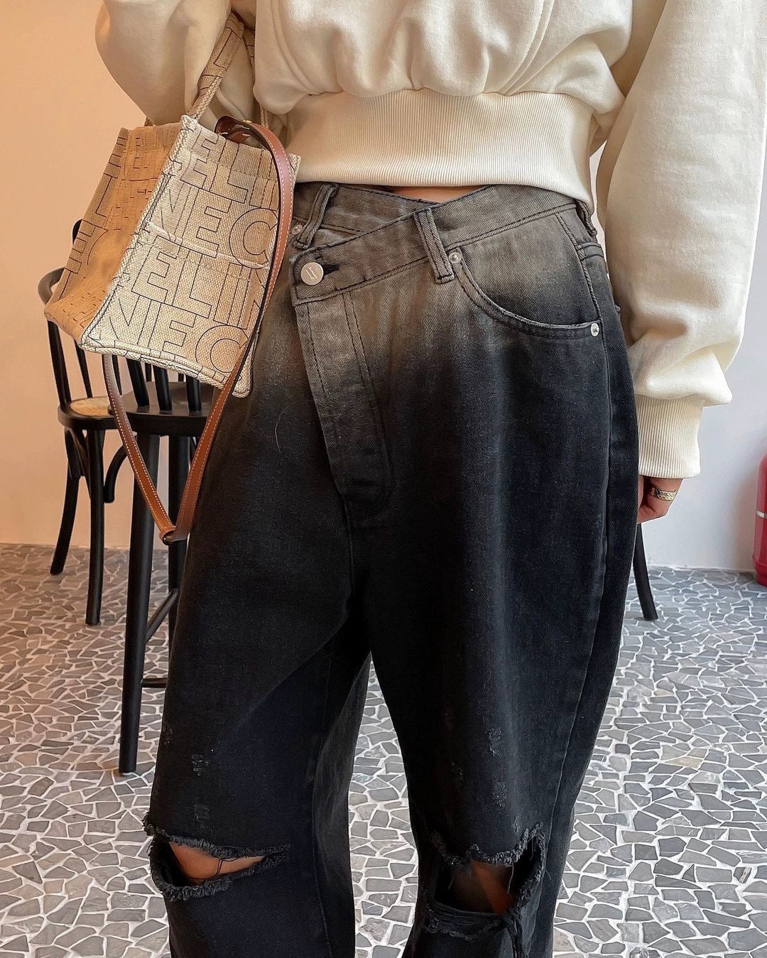 Black And White Denim Ripped Straight Leg Jeans
