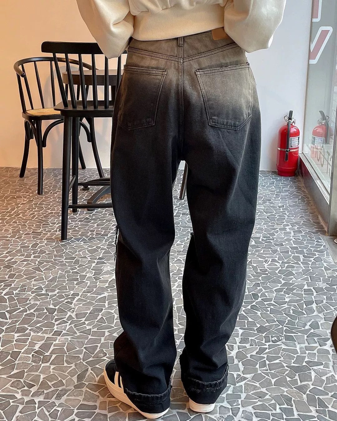 Black And White Denim Ripped Straight Leg Jeans