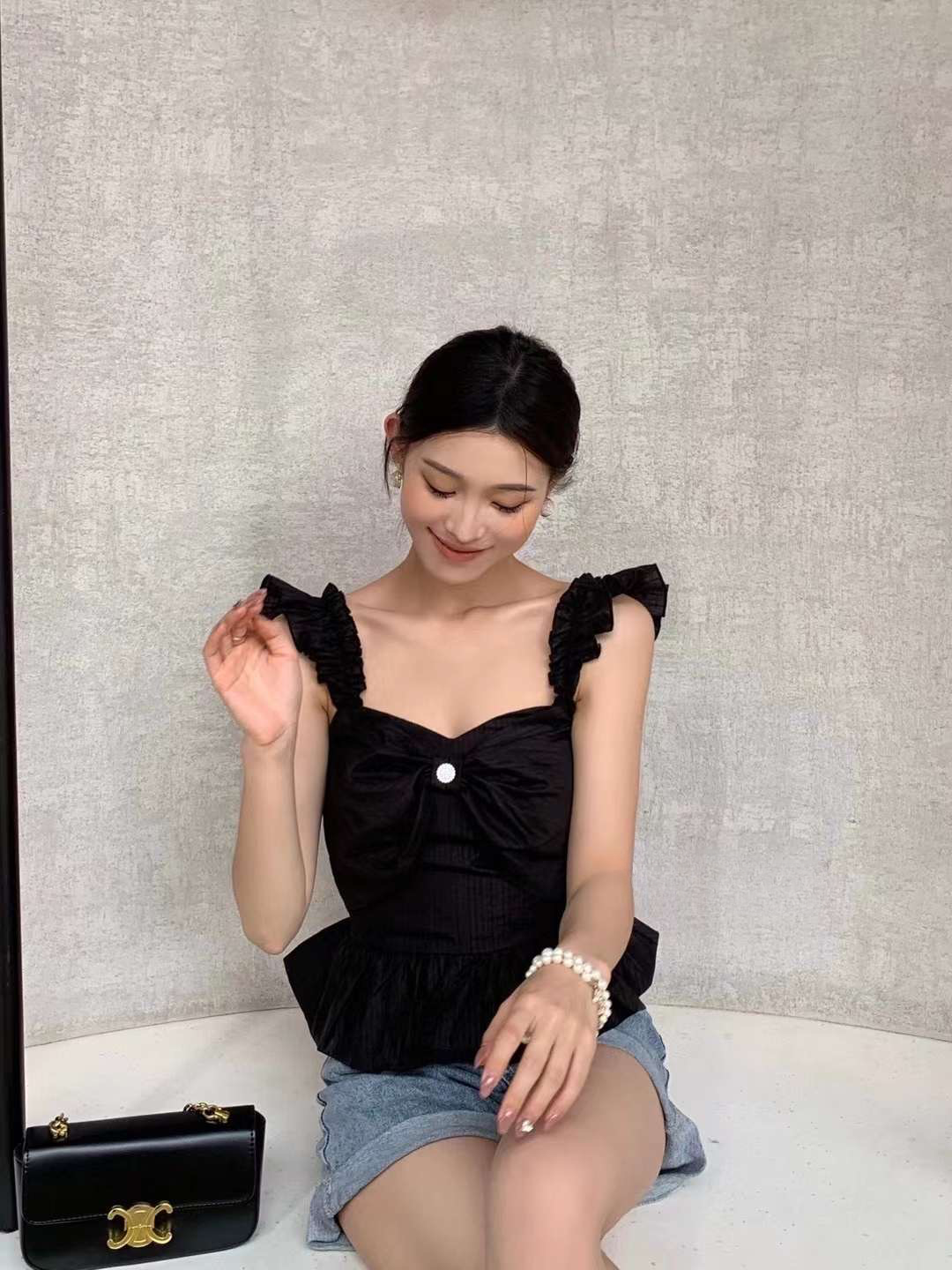 Solid Black Ruffle Butterfly Cami Top