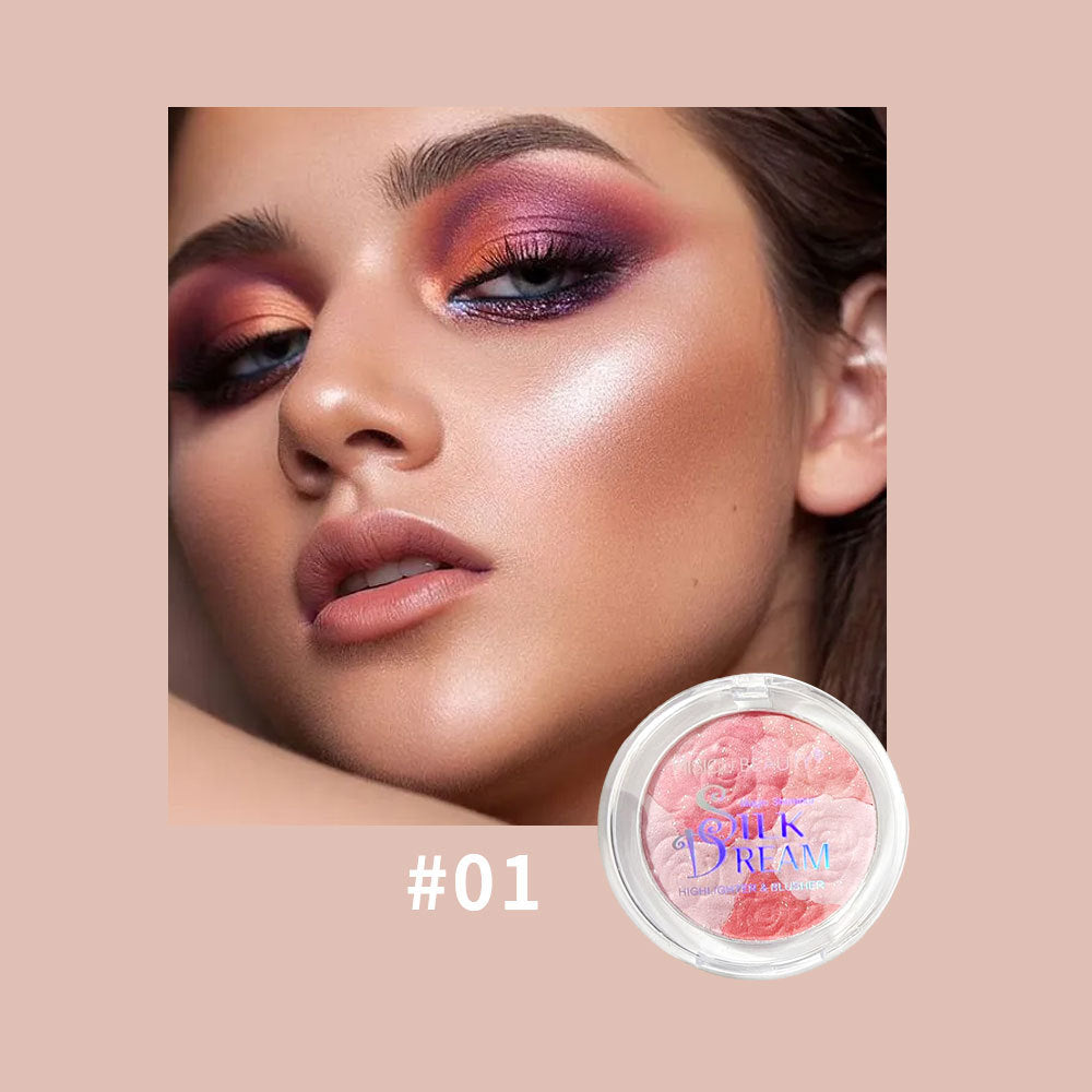 Misiou Beauty three-Color Embossed Rose Petal 3D Carved Shimmer Highlighting and Blush Palette
