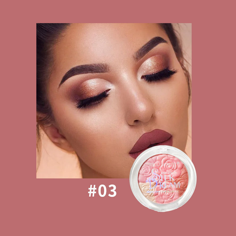 Misiou Beauty three-Color Embossed Rose Petal 3D Carved Shimmer Highlighting and Blush Palette