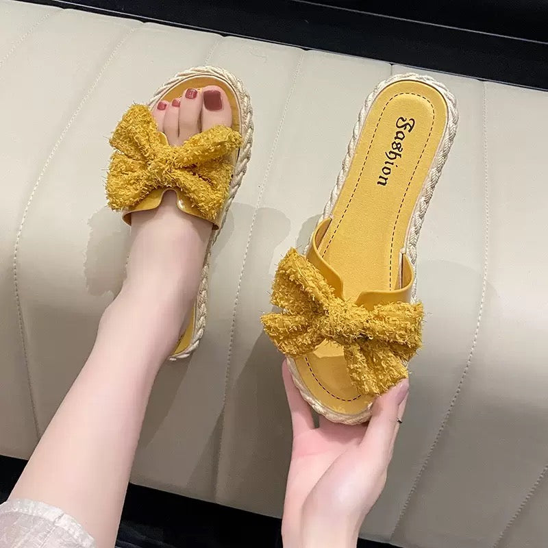 Women’s Bow Slides – Fuzzy Fabric with Jute Sole | Yellow or White