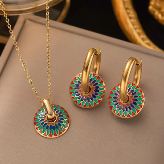 Retro Enamel Jewelry Set – Colorful Drop Glaze Hoop Earrings & Pendant Necklace (2-Piece Set)