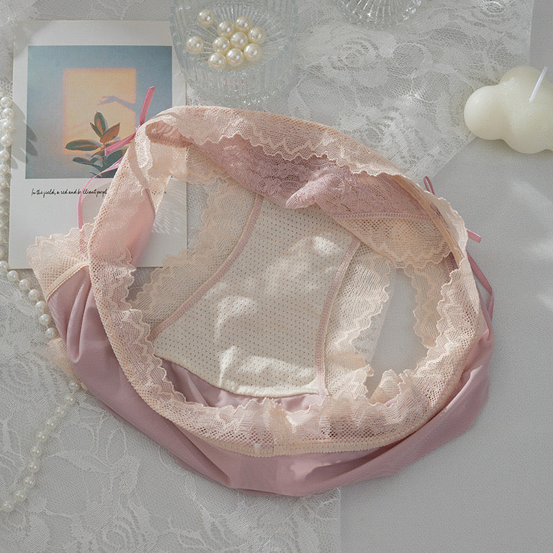 Sexy Lace Jacquard Panties for Women, Open-Slit Design, Double Ribbon Bow, Breathable and Hip-Lifting Mid-Waist Triangle Underwear