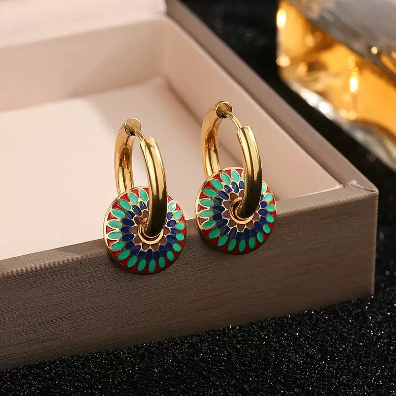 Retro Enamel Jewelry Set – Colorful Drop Glaze Hoop Earrings & Pendant Necklace (2-Piece Set)