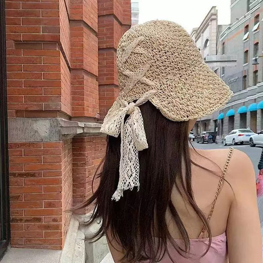 Foldable Straw Sun Hat with Tie Ribbon – Wide Brim Beach Hat