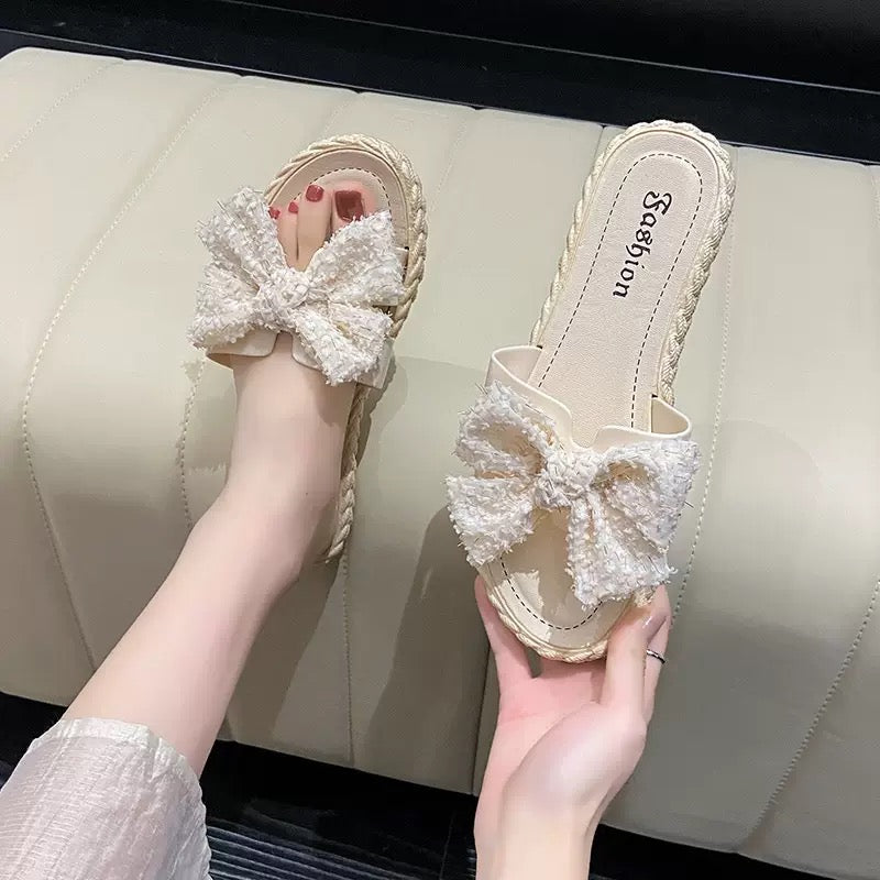 Women’s Bow Slides – Fuzzy Fabric with Jute Sole | Yellow or White