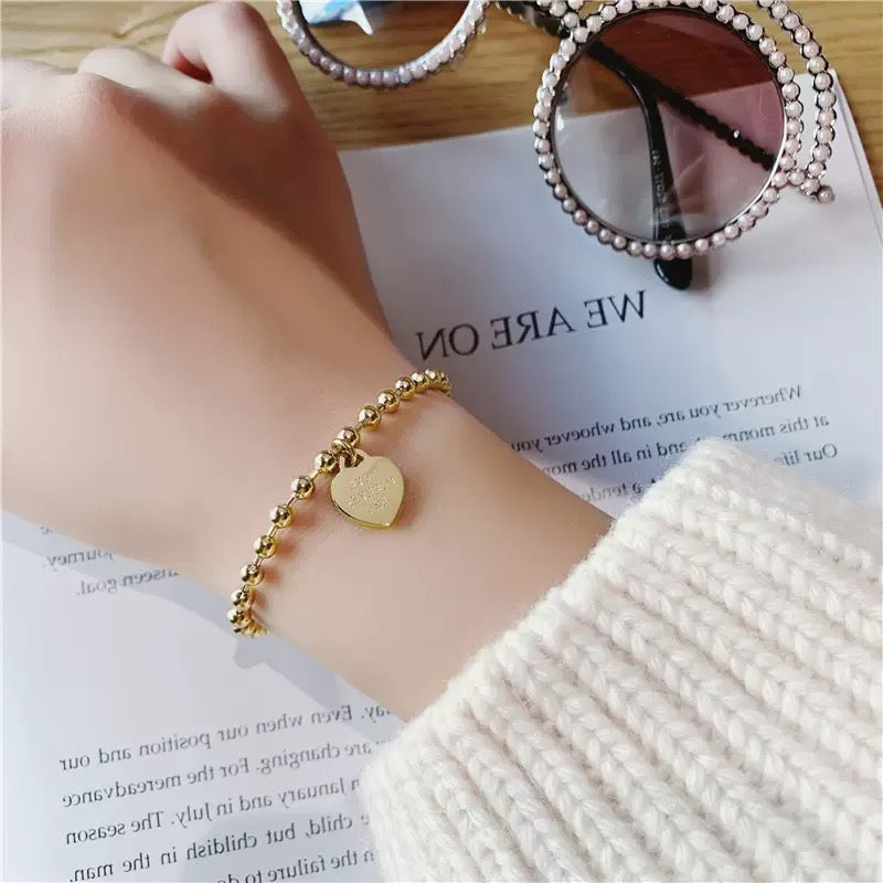 Minimalist Titanium Steel Bead Bracelet – Heart Tag Design, 520 Gift Idea (16cm + 3.5cm Extender)