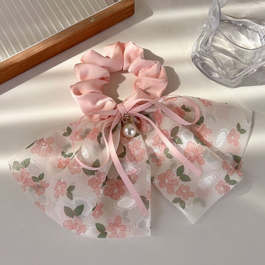 Pastoral Style Bow Hair Scrunchie – Floral Ribbon Ponytail Holder with Pearl Charm