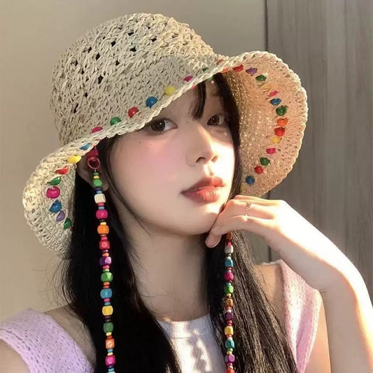 Boho Beaded Crochet Bucket Hat – Handmade Straw Sun Hat | 56–58cm