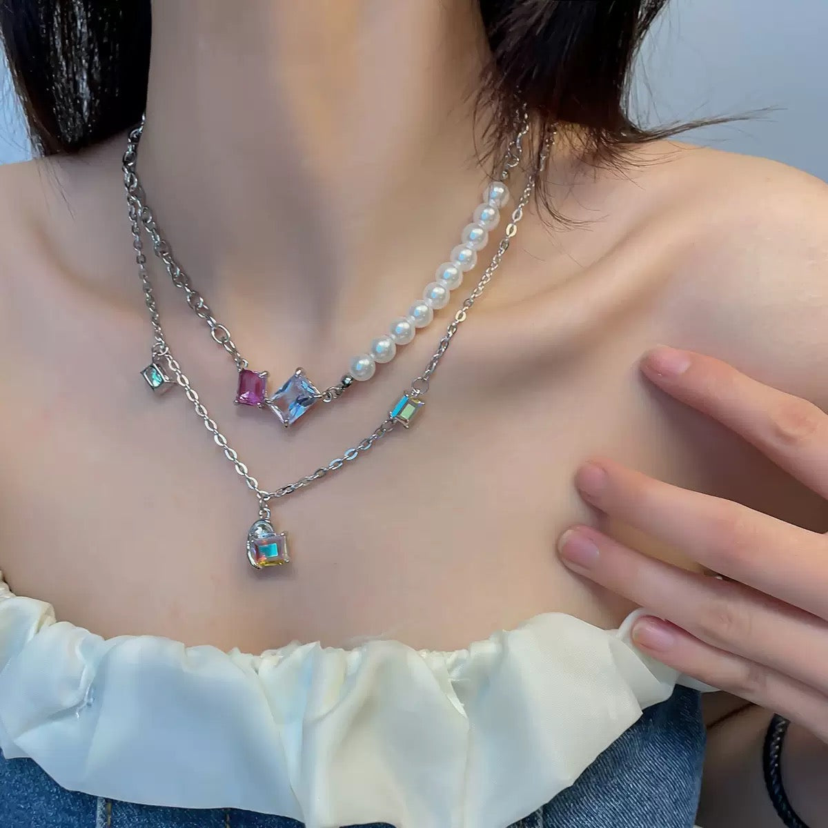 Minimalist Double-Layer Titanium Steel Necklace – Crystal Cube & Pearl Chain for Women (Chunky 39.5cm +10cm / Fine 40cm +10cm)