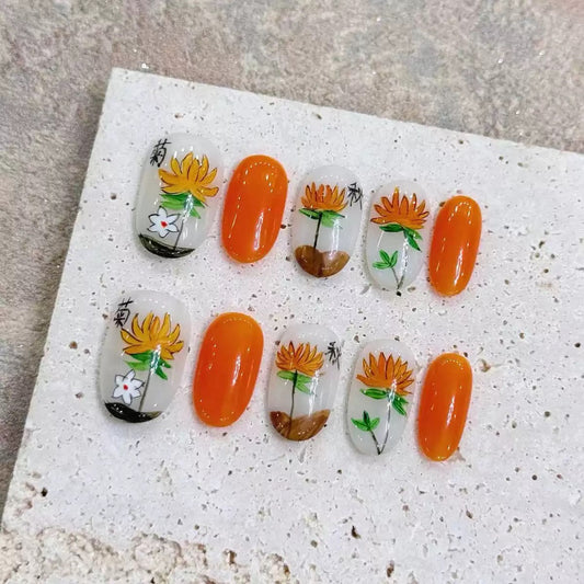 Handmake press-on nail——Detachable Fake Nail Tips with Autumn Chrysanthemum Design, Brightening Effect（10pcs）