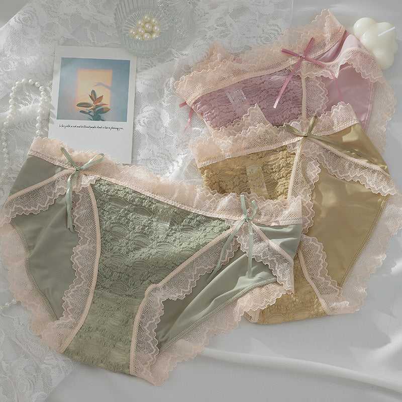 Sexy Lace Jacquard Panties for Women, Open-Slit Design, Double Ribbon Bow, Breathable and Hip-Lifting Mid-Waist Triangle Underwear
