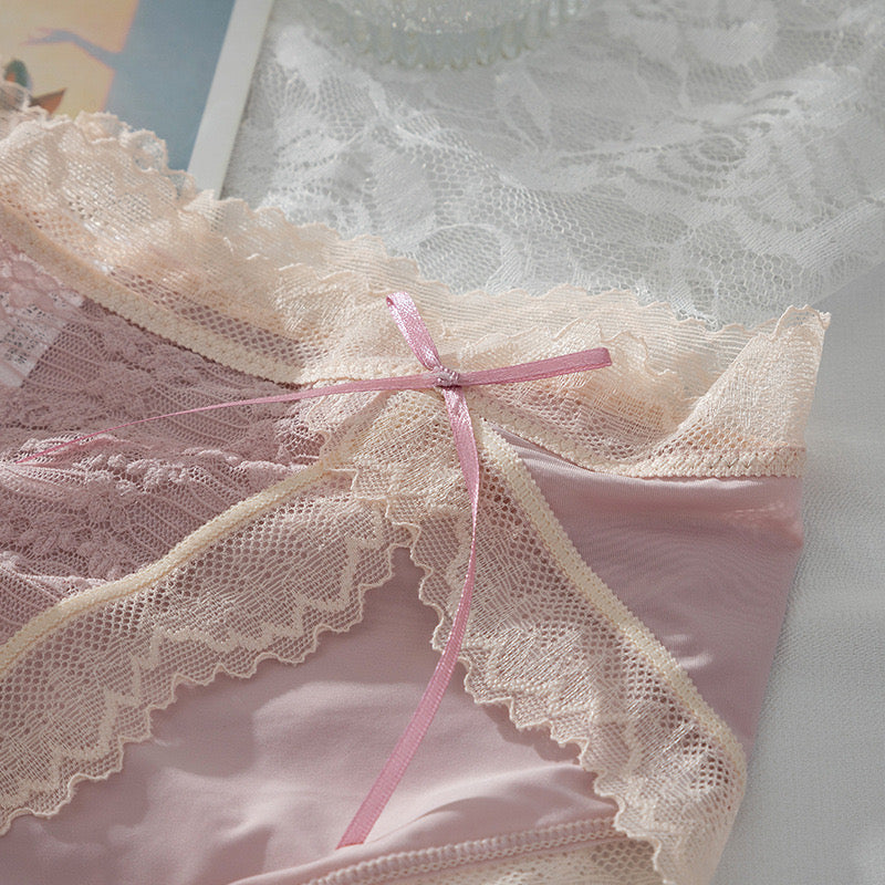 Sexy Lace Jacquard Panties for Women, Open-Slit Design, Double Ribbon Bow, Breathable and Hip-Lifting Mid-Waist Triangle Underwear