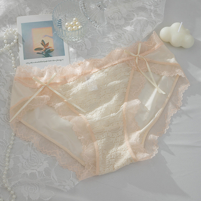 Sexy Lace Jacquard Panties for Women, Open-Slit Design, Double Ribbon Bow, Breathable and Hip-Lifting Mid-Waist Triangle Underwear