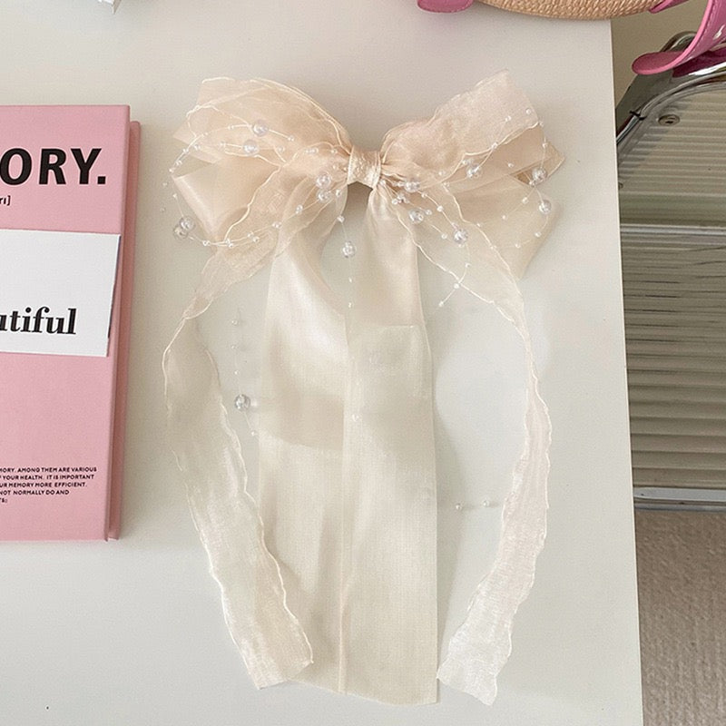 Exquisite Tulle Summer Bow Hair Clip with Multi-Layer Floating Ribbons, Pearl Beads, Chain, and Spring Clip, High-End Back Head Hair Accessory