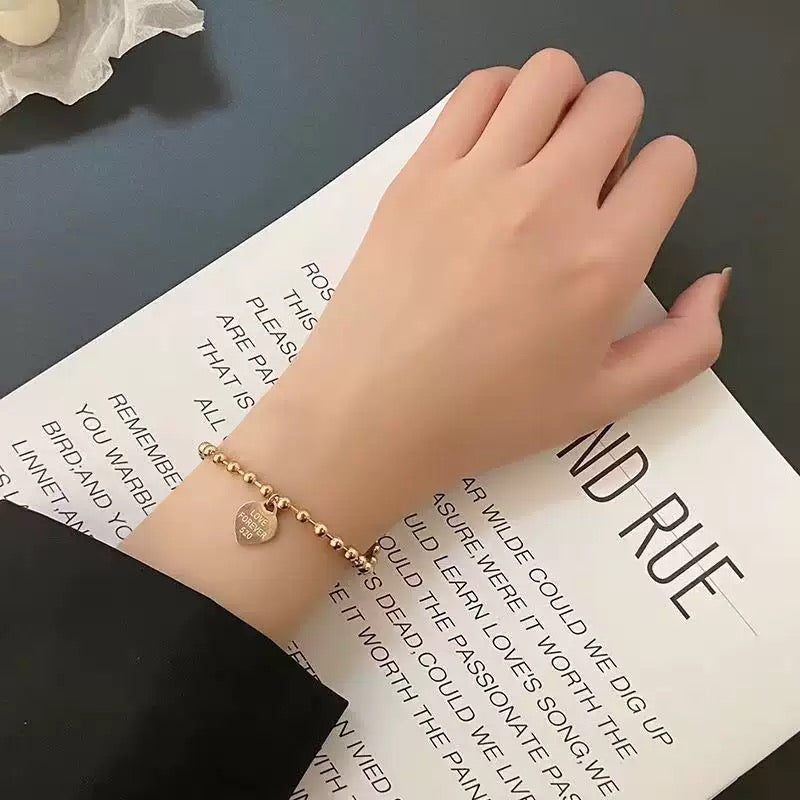 Minimalist Titanium Steel Bead Bracelet – Heart Tag Design, 520 Gift Idea (16cm + 3.5cm Extender)