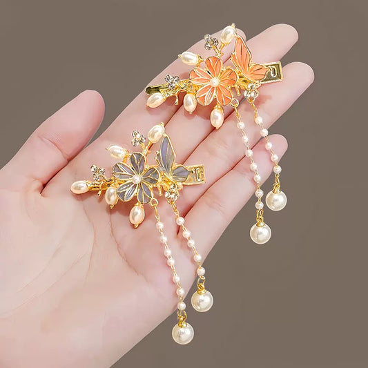 Butterfly & Flower Tassel Hair Clip – Elegant Chinese Vintage Style Duckbill Side Clip for Women