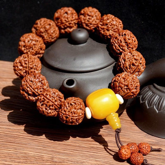 20mm Nepalese Five-Mukhi Rudraksha Bracelet – Natural Seed Mala with Amber Bead for Meditation, Prayer & Spiritual Wellness
