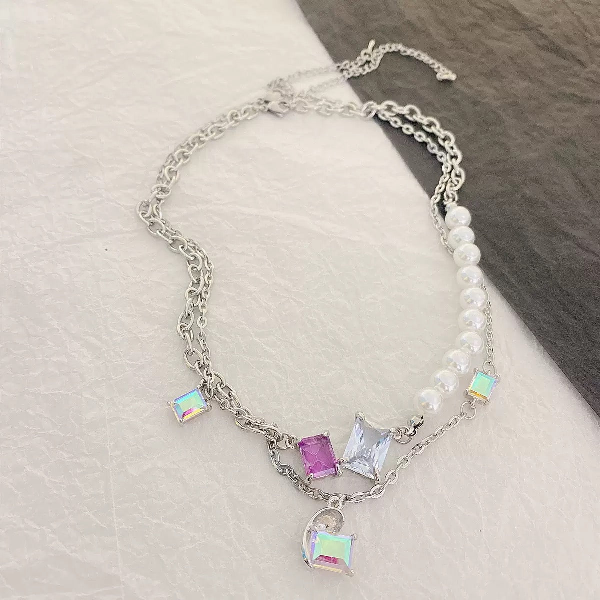 Minimalist Double-Layer Titanium Steel Necklace – Crystal Cube & Pearl Chain for Women (Chunky 39.5cm +10cm / Fine 40cm +10cm)