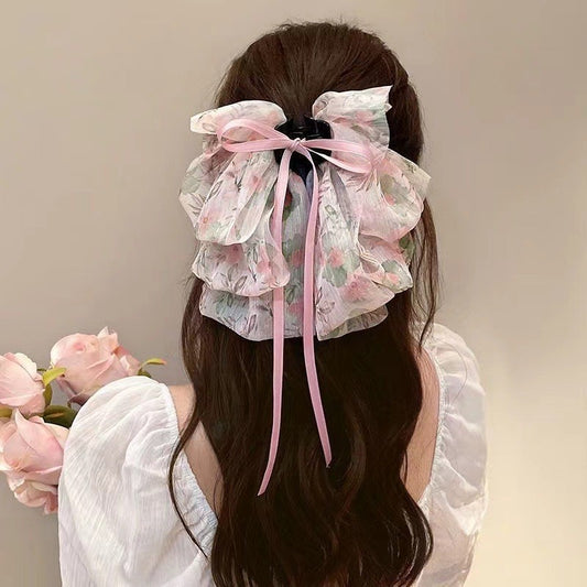 Elegant Chinese Style Ribbon Bow Hair Claw Clip – Fairy-Inspired Flowing Tassel Hair Accessory for Summer Half-Up Styles (13cm)