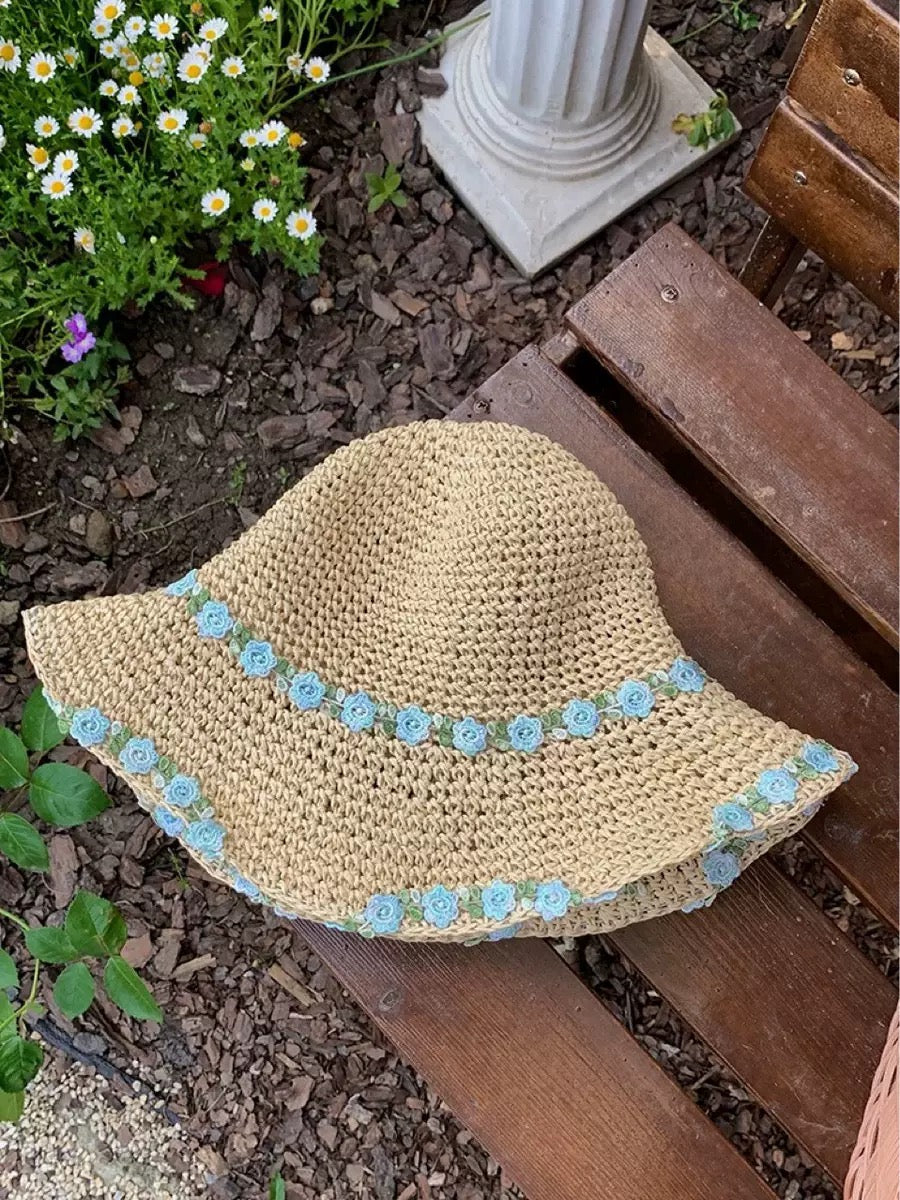 Mint Floral Lace Straw Sun Hat – Wide Brim Crochet Beach Hat