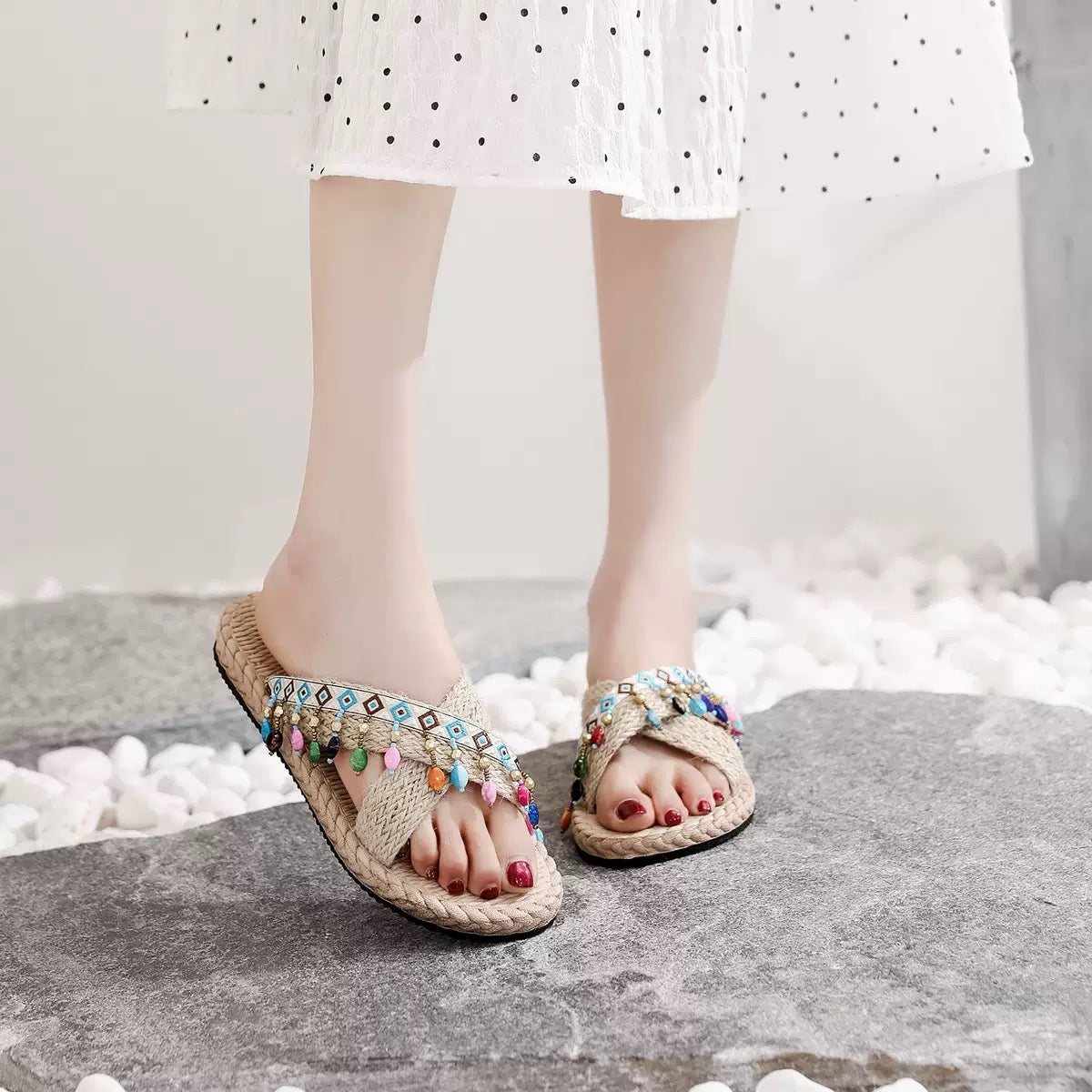 Boho Ethnic Blue Sandals – Women’s Beaded Woven Slides