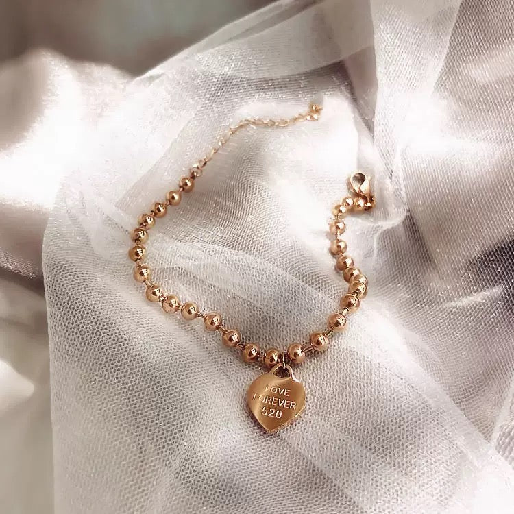 Minimalist Titanium Steel Bead Bracelet – Heart Tag Design, 520 Gift Idea (16cm + 3.5cm Extender)