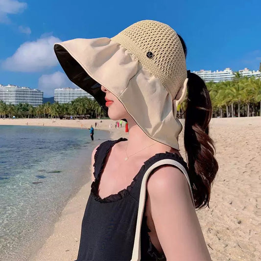 Wide Brim Open-Top Sun Hat –  Ponytail-Friendly Summer Hat with Bow