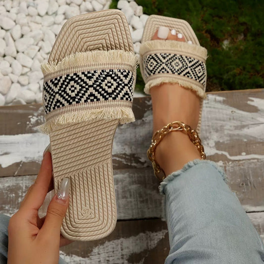 Women’s Woven Fringe Slides – Boho Style