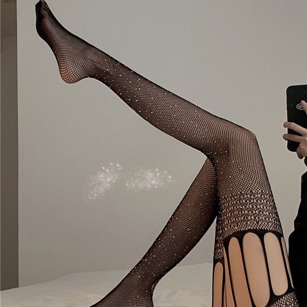 Sexy Black Fishnet Stockings with Rhinestones, Hollow Mesh, Suspender Design, Summer Pure Desire Full Body Tights