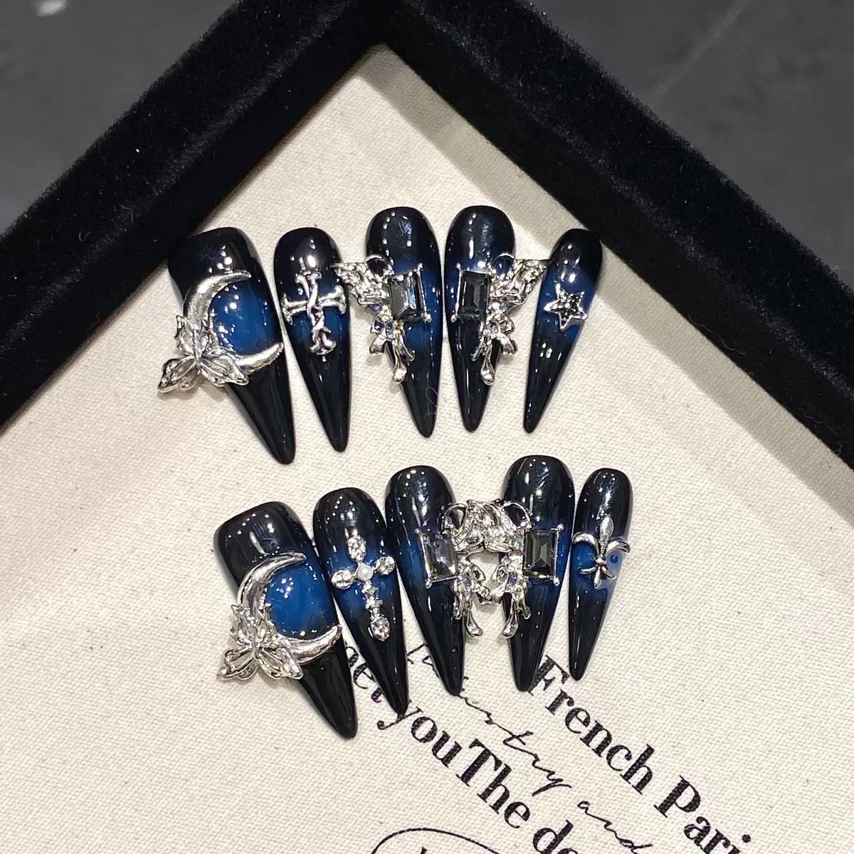 Handmade Press-On Nails – Metallic Dark Series, Trendy Baddie Style, Viral Gothic Butterfly Design