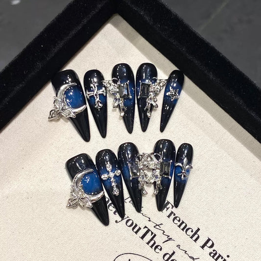 Handmade Press-On Nails – Metallic Dark Series, Trendy Baddie Style, Viral Gothic Butterfly Design
