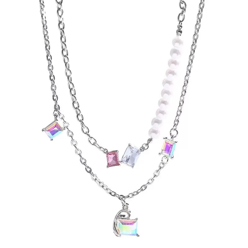 Minimalist Double-Layer Titanium Steel Necklace – Crystal Cube & Pearl Chain for Women (Chunky 39.5cm +10cm / Fine 40cm +10cm)