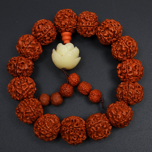 19mm Lotus Rudraksha Bracelet – Nepalese Five-Mukhi Bodhi Seed Wrist Mala with Lotus Charm for Meditation & Blessings