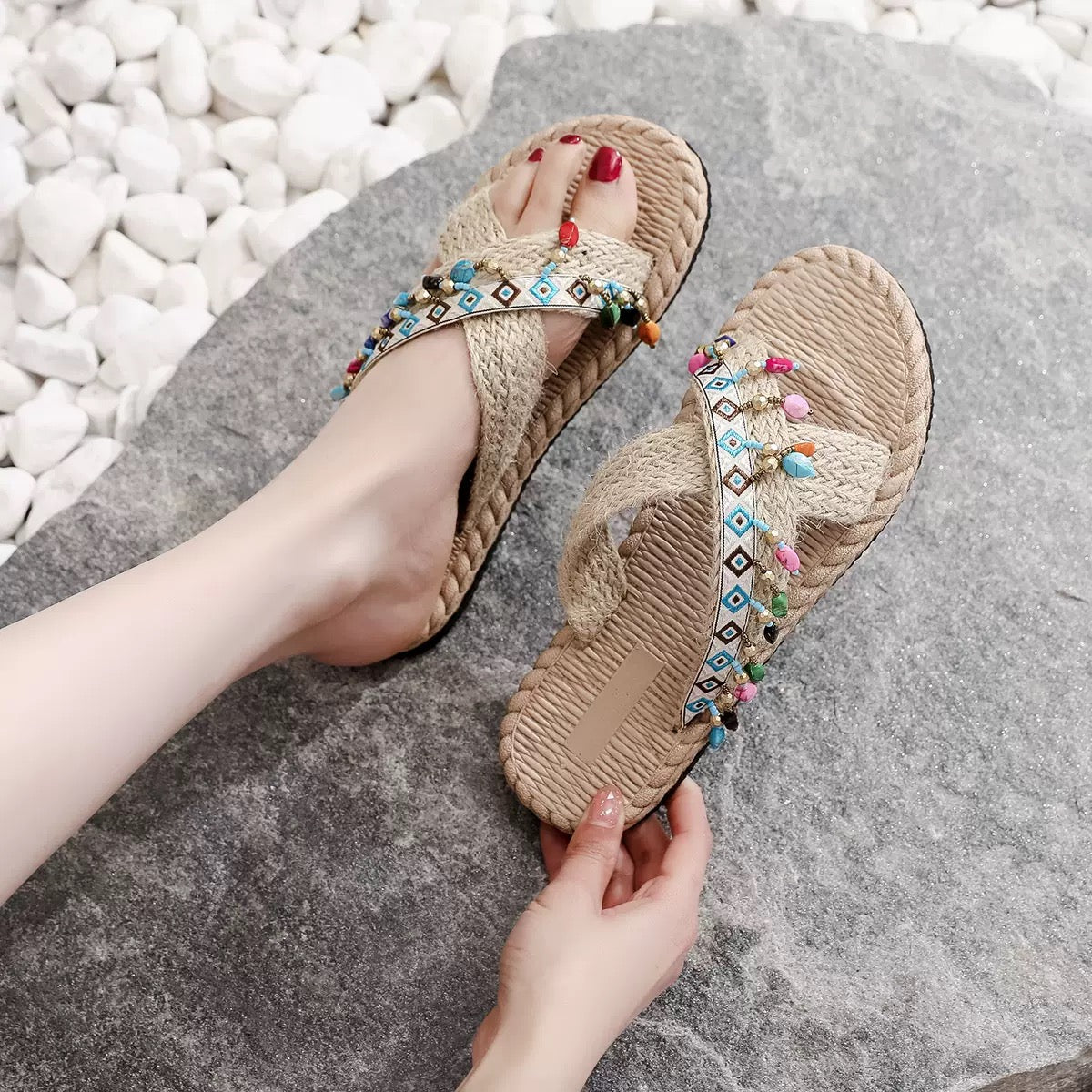 Boho Ethnic Blue Sandals – Women’s Beaded Woven Slides