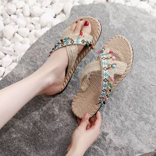 Boho Ethnic Blue Sandals – Women’s Beaded Woven Slides