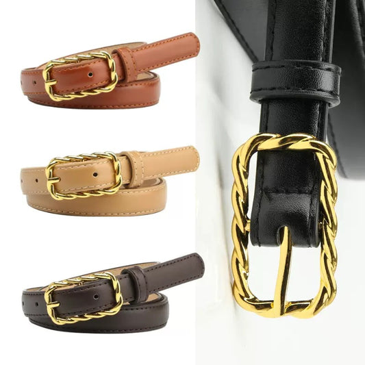 Elegant Twist Chain Buckle Belt for Women – PU Leather Waist Belt, Gold Alloy Pin Buckle, Casual Slim Dress or Blazer Accessory
